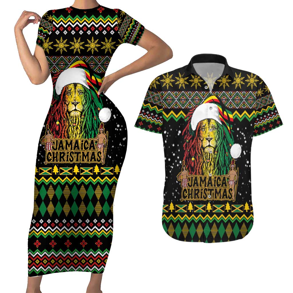Jamaican Christmas Couples Matching Short Sleeve Bodycon Dress and Hawaiian Shirt - Rastafarian Lion with Xmas Elements Reggae Style - Wonder Print Shop