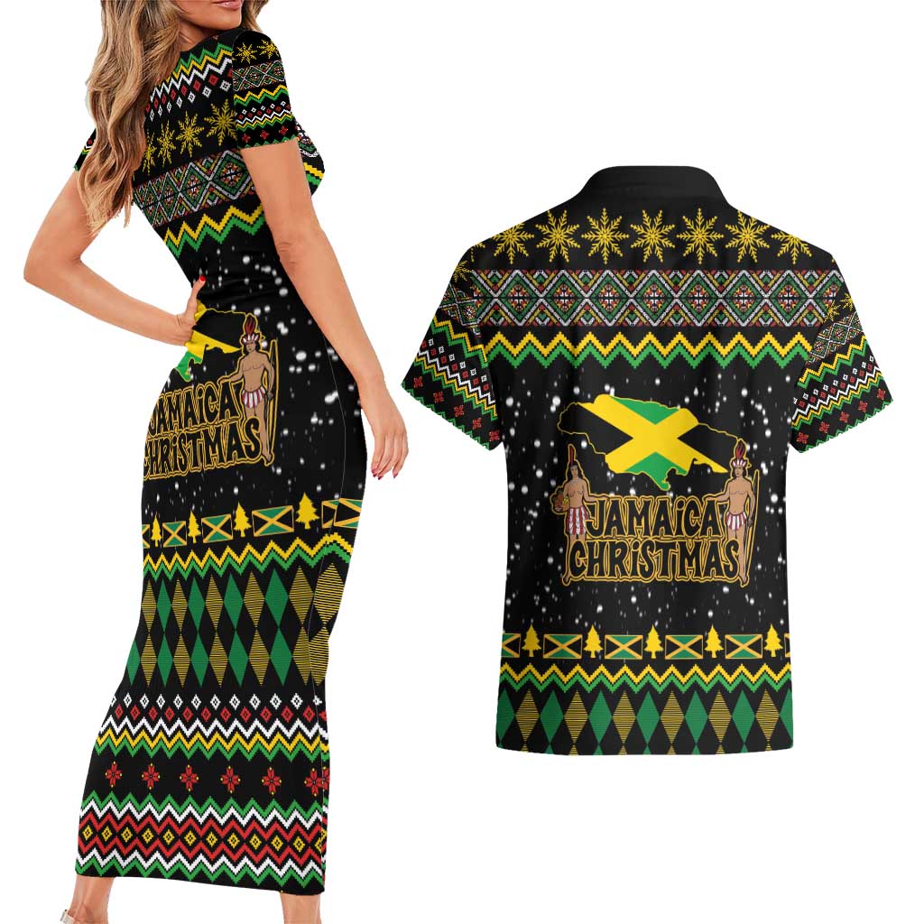 Jamaican Christmas Couples Matching Short Sleeve Bodycon Dress and Hawaiian Shirt - Rastafarian Lion with Xmas Elements Reggae Style - Wonder Print Shop