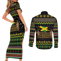 Jamaican Christmas Couples Matching Short Sleeve Bodycon Dress and Long Sleeve Button Shirt - Rastafarian Lion with Xmas Elements Reggae Style - Wonder Print Shop