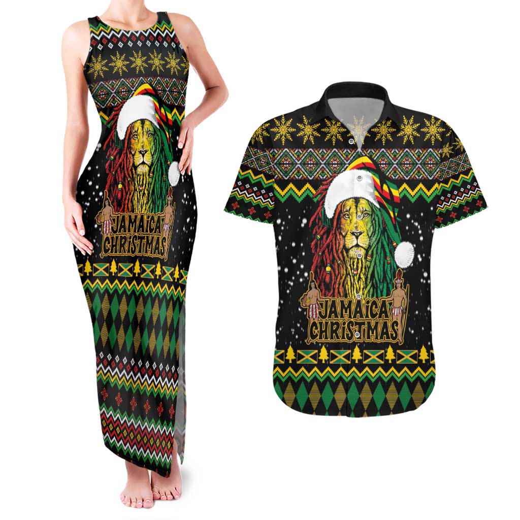 Jamaican Christmas Couples Matching Tank Maxi Dress and Hawaiian Shirt - Rastafarian Lion with Xmas Elements Reggae Style - Wonder Print Shop