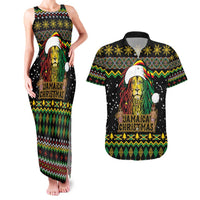 Jamaican Christmas Couples Matching Tank Maxi Dress and Hawaiian Shirt - Rastafarian Lion with Xmas Elements Reggae Style - Wonder Print Shop