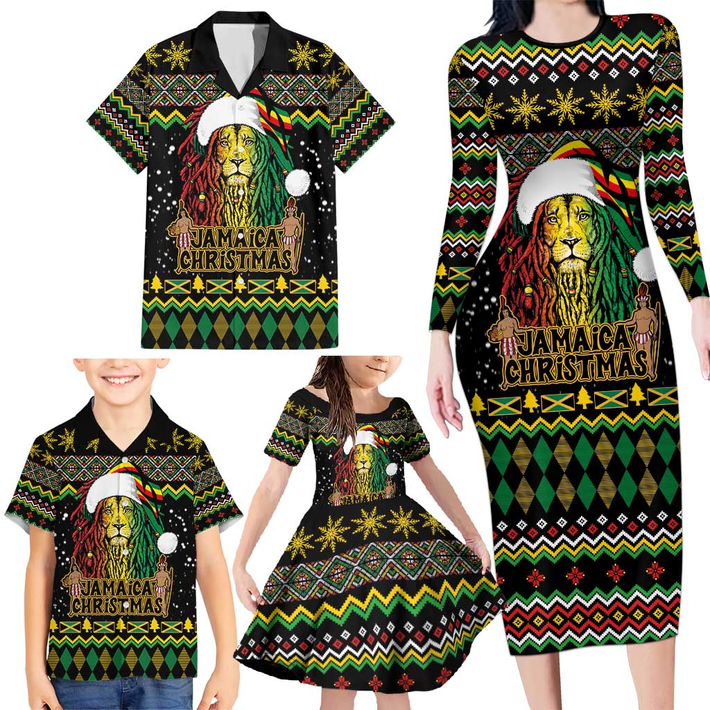 Jamaican Christmas Family Matching Long Sleeve Bodycon Dress and Hawaiian Shirt - Rastafarian Lion with Xmas Elements Reggae Style - Wonder Print Shop