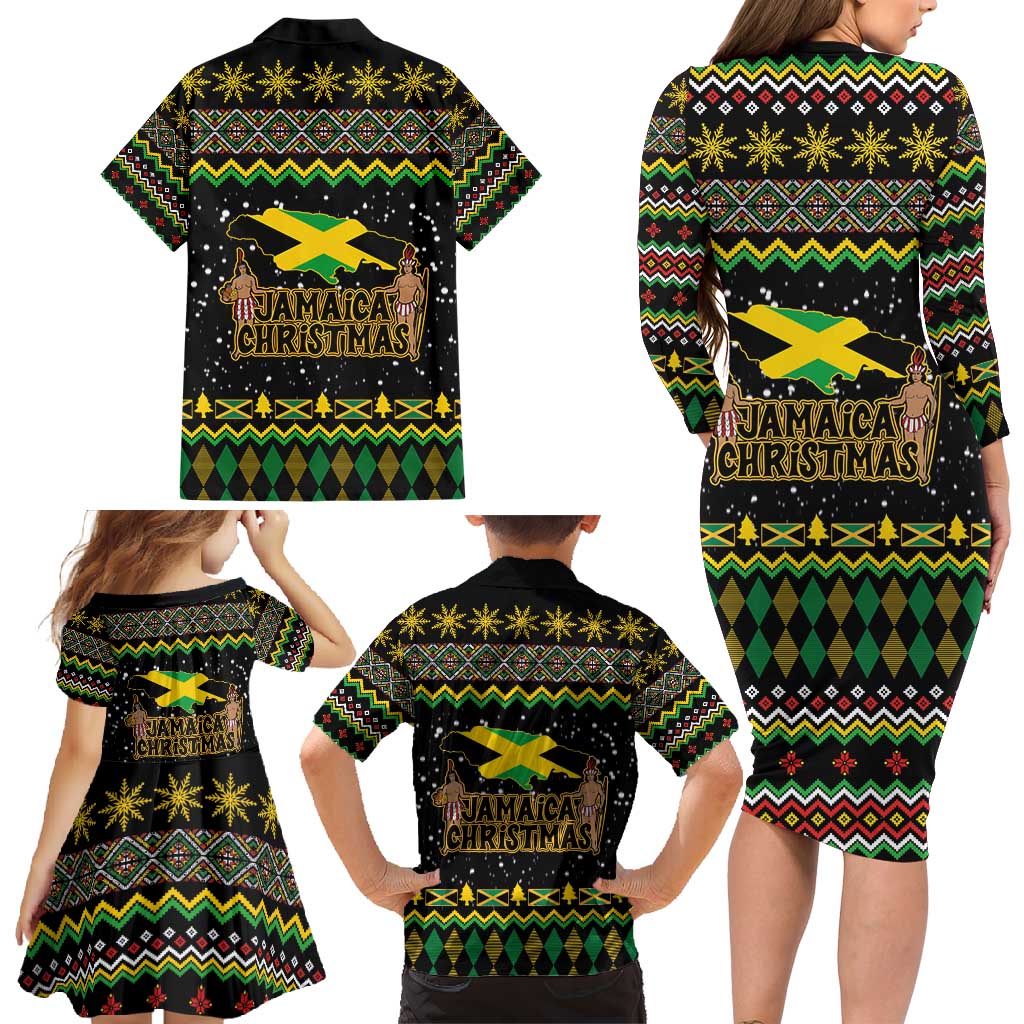 Jamaican Christmas Family Matching Long Sleeve Bodycon Dress and Hawaiian Shirt - Rastafarian Lion with Xmas Elements Reggae Style - Wonder Print Shop