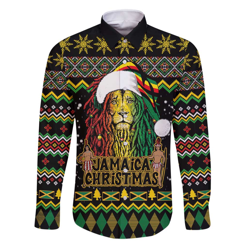 Jamaican Christmas Family Matching Long Sleeve Bodycon Dress and Hawaiian Shirt - Rastafarian Lion with Xmas Elements Reggae Style - Wonder Print Shop