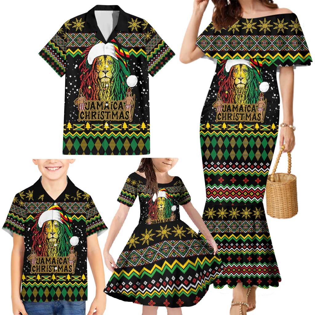 Jamaican Christmas Family Matching Mermaid Dress and Hawaiian Shirt - Rastafarian Lion with Xmas Elements Reggae Style - Wonder Print Shop