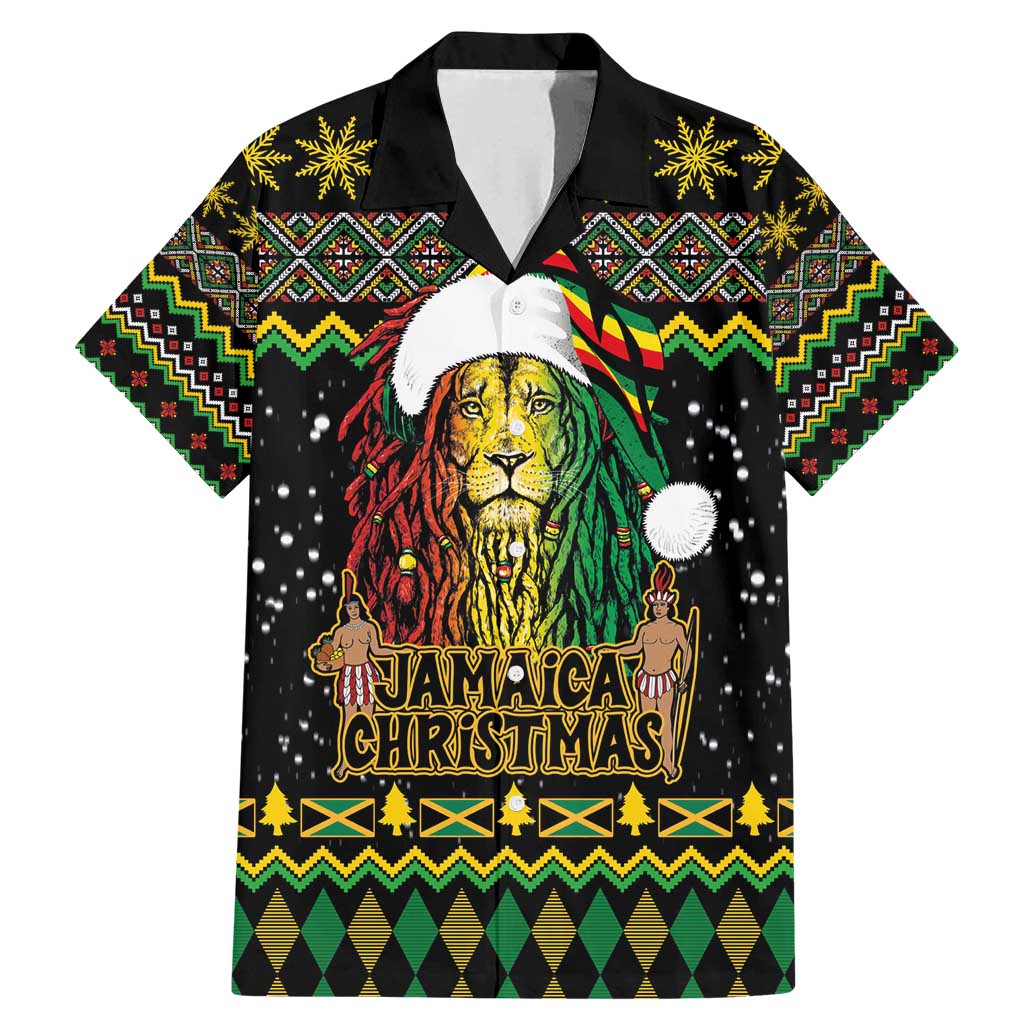 Jamaican Christmas Family Matching Mermaid Dress and Hawaiian Shirt - Rastafarian Lion with Xmas Elements Reggae Style - Wonder Print Shop