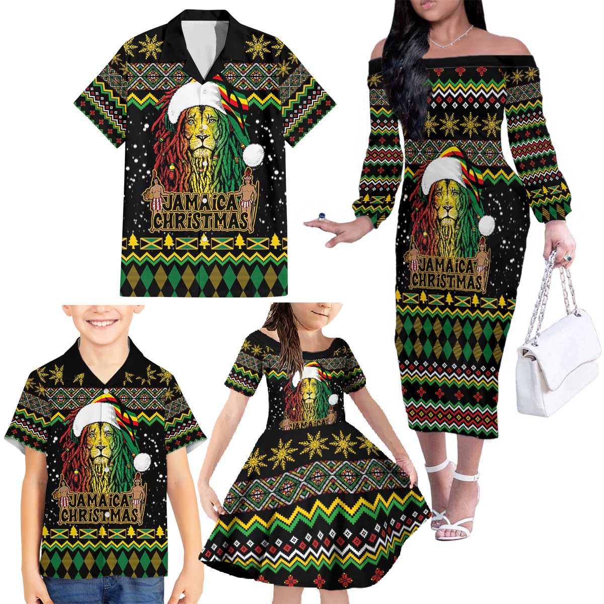 Jamaican Christmas Family Matching Off The Shoulder Long Sleeve Dress and Hawaiian Shirt - Rastafarian Lion with Xmas Elements Reggae Style - Wonder Print Shop
