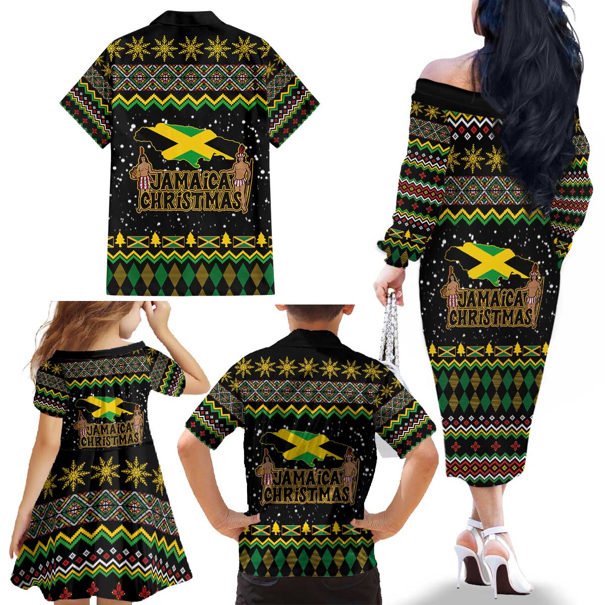 Jamaican Christmas Family Matching Off The Shoulder Long Sleeve Dress and Hawaiian Shirt - Rastafarian Lion with Xmas Elements Reggae Style - Wonder Print Shop