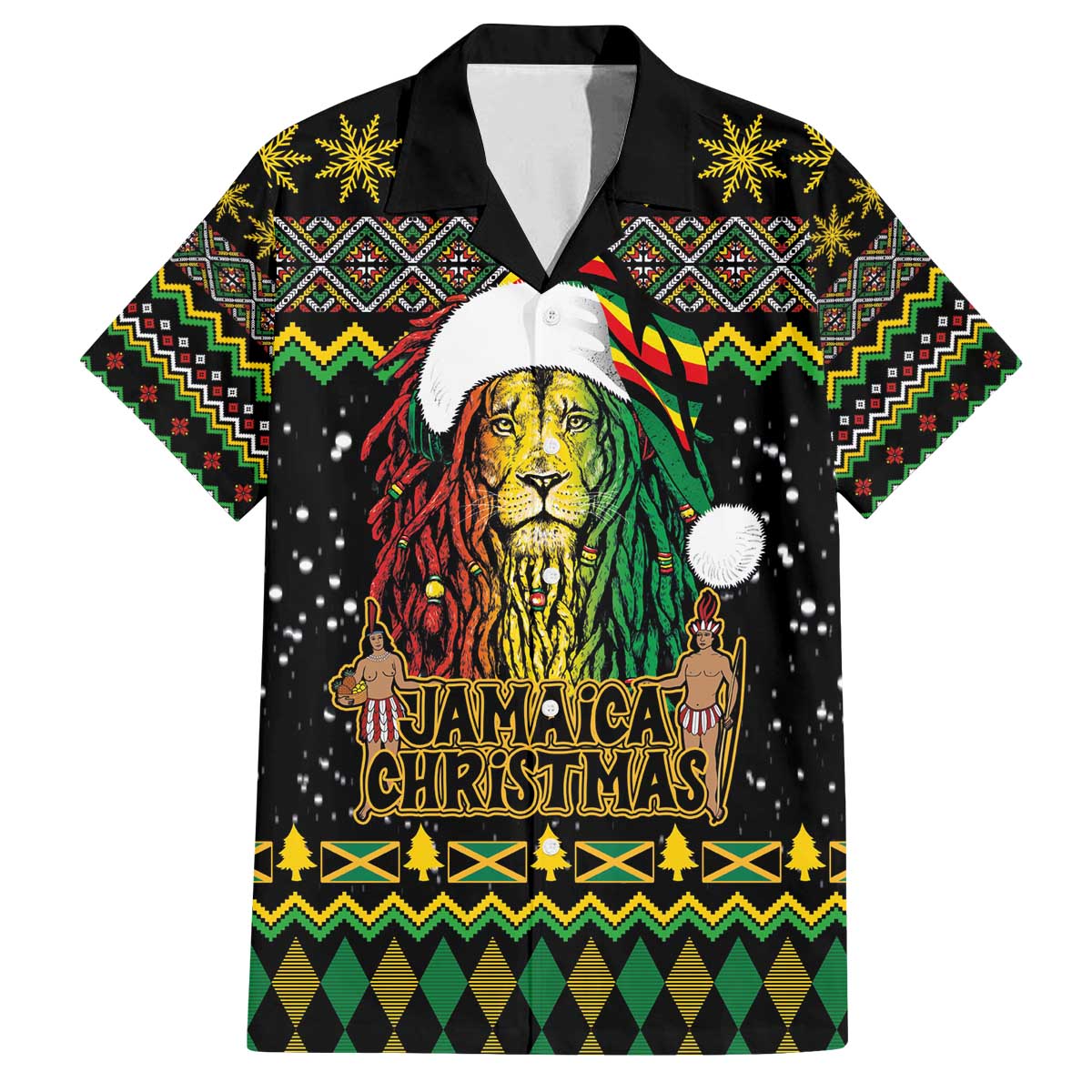 Jamaican Christmas Family Matching Off The Shoulder Long Sleeve Dress and Hawaiian Shirt - Rastafarian Lion with Xmas Elements Reggae Style - Wonder Print Shop