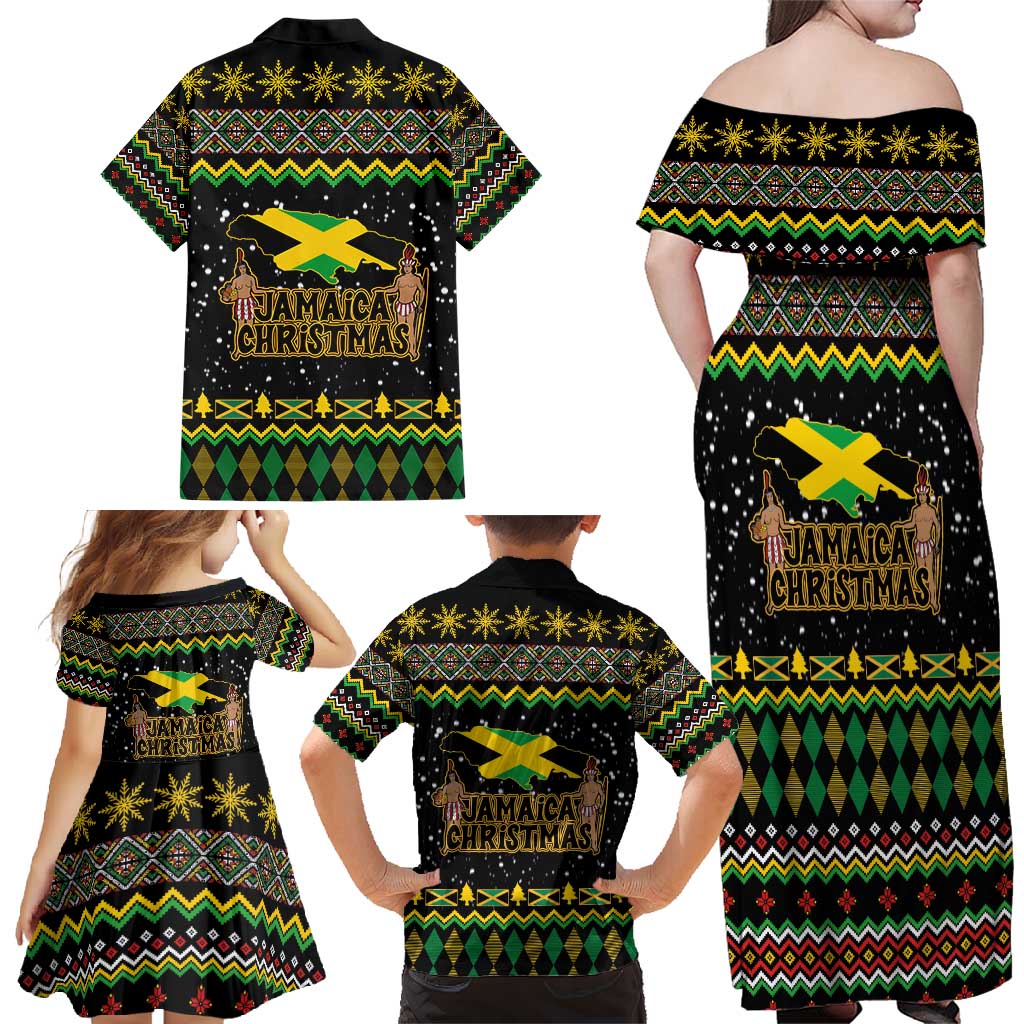 Jamaican Christmas Family Matching Off Shoulder Maxi Dress and Hawaiian Shirt - Rastafarian Lion with Xmas Elements Reggae Style - Wonder Print Shop