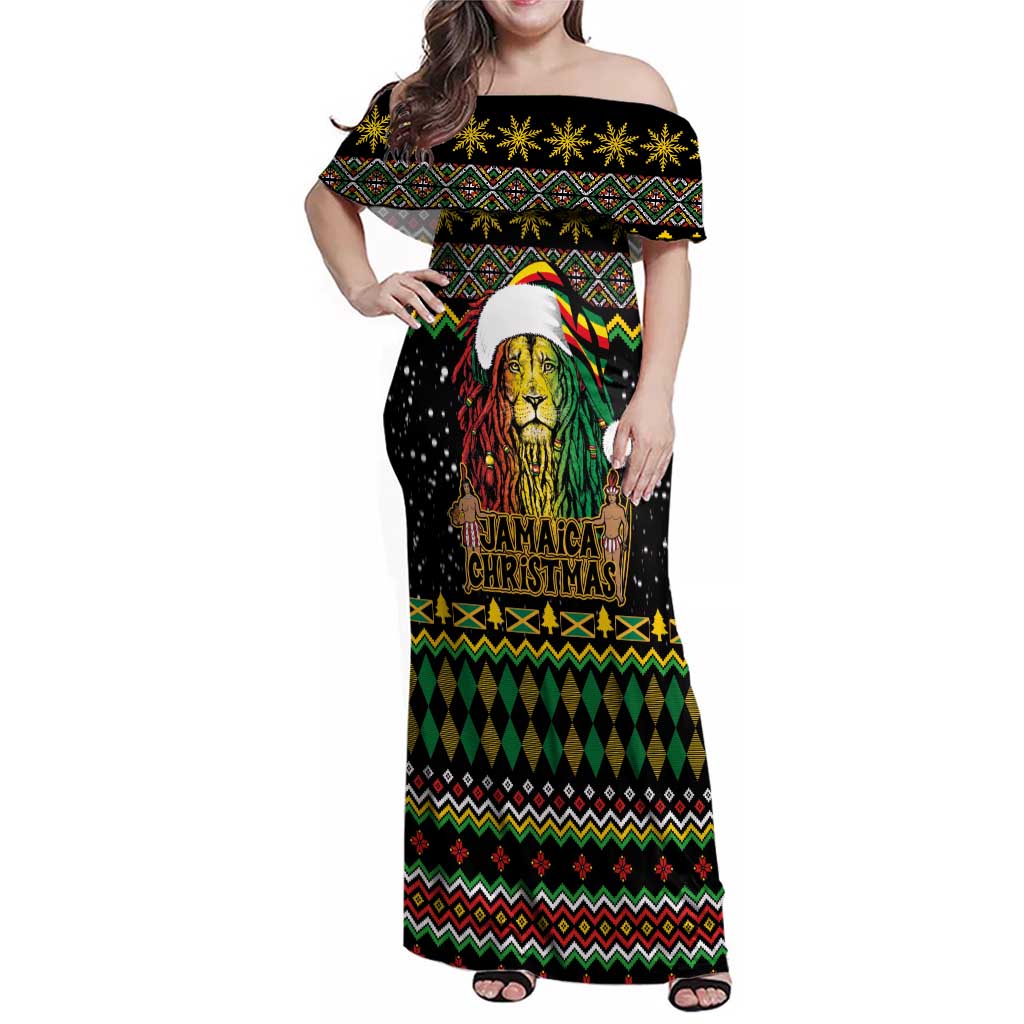 Jamaican Christmas Family Matching Off Shoulder Maxi Dress and Hawaiian Shirt - Rastafarian Lion with Xmas Elements Reggae Style - Wonder Print Shop