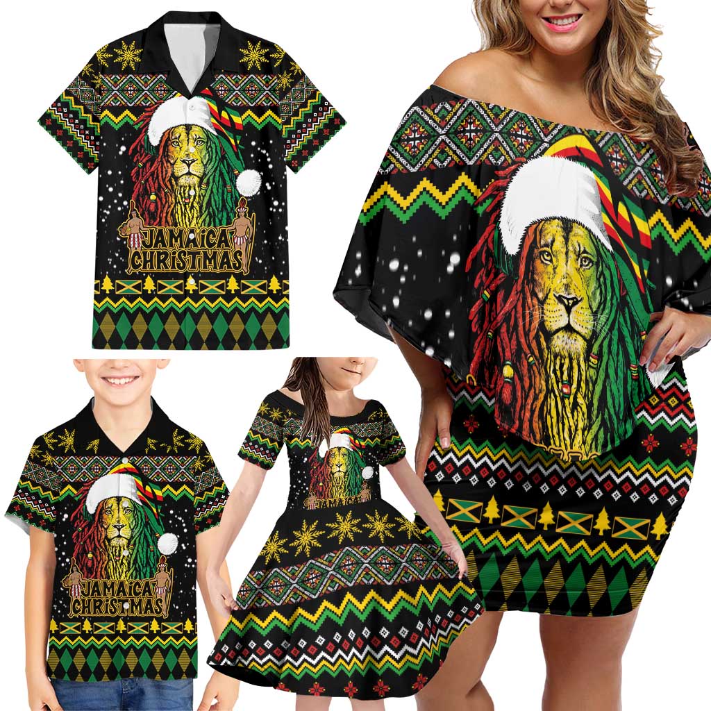 Jamaican Christmas Family Matching Off Shoulder Short Dress and Hawaiian Shirt - Rastafarian Lion with Xmas Elements Reggae Style - Wonder Print Shop