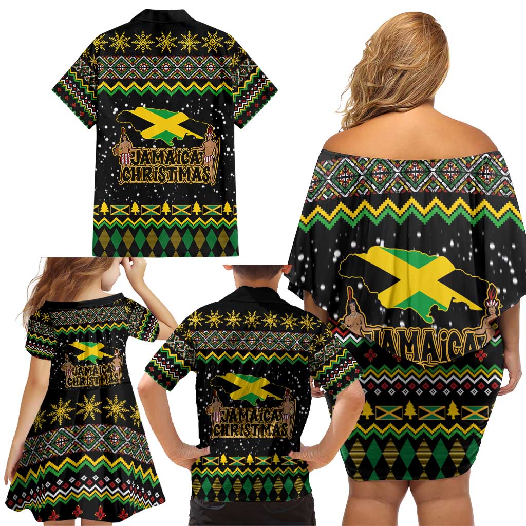 Jamaican Christmas Family Matching Off Shoulder Short Dress and Hawaiian Shirt - Rastafarian Lion with Xmas Elements Reggae Style - Wonder Print Shop