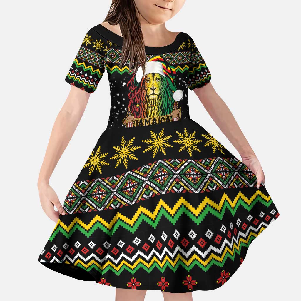 Jamaican Christmas Family Matching Short Sleeve Bodycon Dress and Hawaiian Shirt - Rastafarian Lion with Xmas Elements Reggae Style - Wonder Print Shop