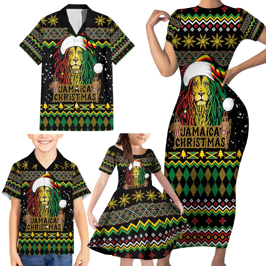 Jamaican Christmas Family Matching Short Sleeve Bodycon Dress and Hawaiian Shirt - Rastafarian Lion with Xmas Elements Reggae Style - Wonder Print Shop