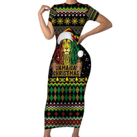 Jamaican Christmas Family Matching Short Sleeve Bodycon Dress and Hawaiian Shirt - Rastafarian Lion with Xmas Elements Reggae Style - Wonder Print Shop