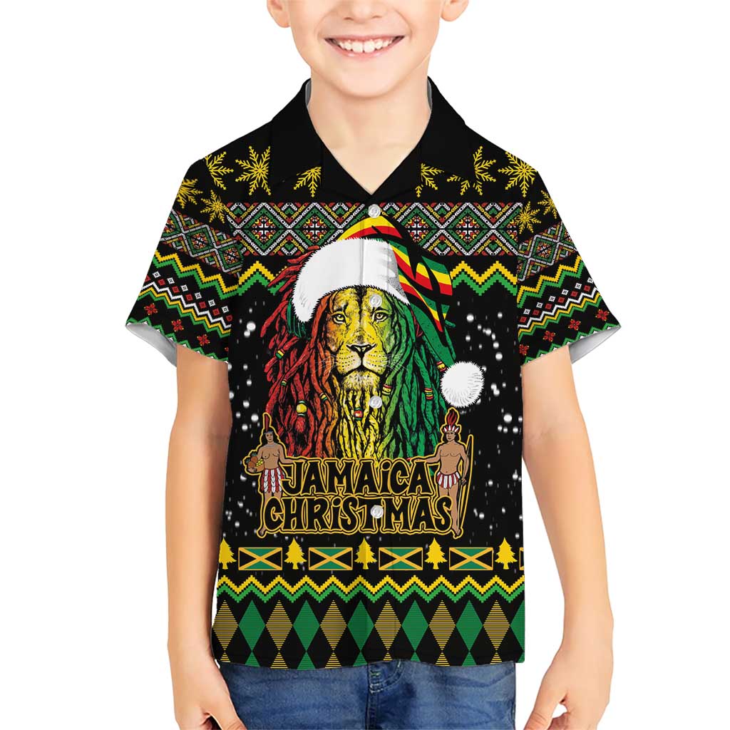 Jamaican Christmas Family Matching Short Sleeve Bodycon Dress and Hawaiian Shirt - Rastafarian Lion with Xmas Elements Reggae Style - Wonder Print Shop