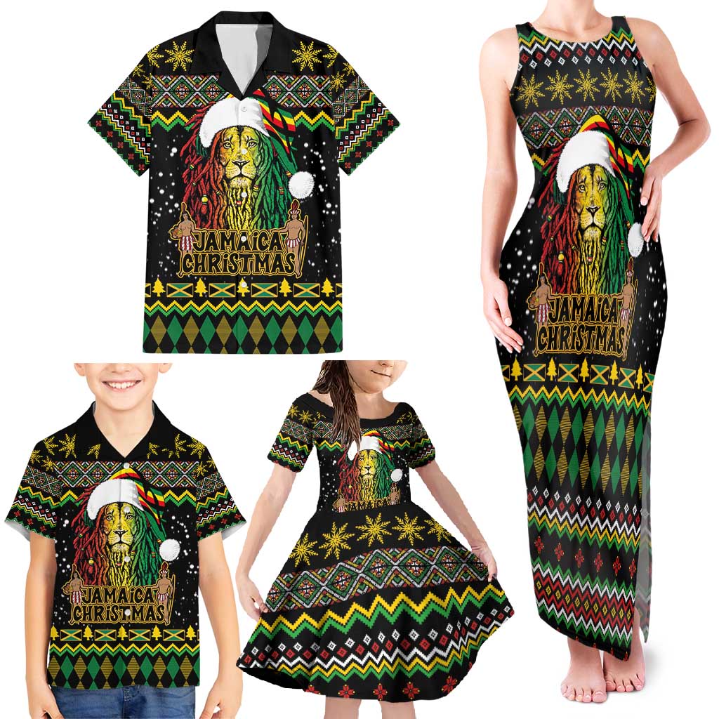 Jamaican Christmas Family Matching Tank Maxi Dress and Hawaiian Shirt - Rastafarian Lion with Xmas Elements Reggae Style - Wonder Print Shop