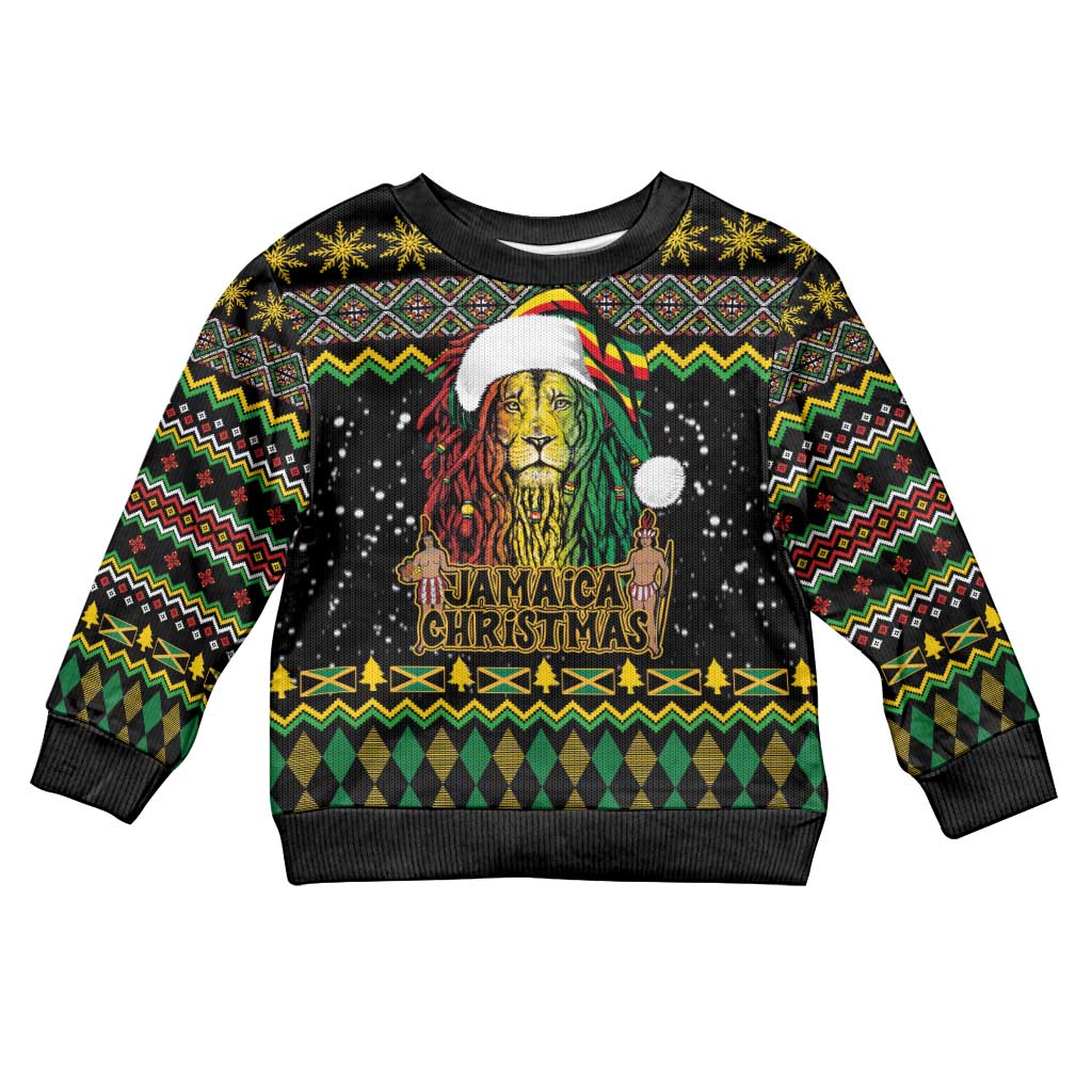 Jamaican Christmas Kid Ugly Christmas Sweater - Rastafarian Lion with Xmas Elements Reggae Style - Wonder Print Shop