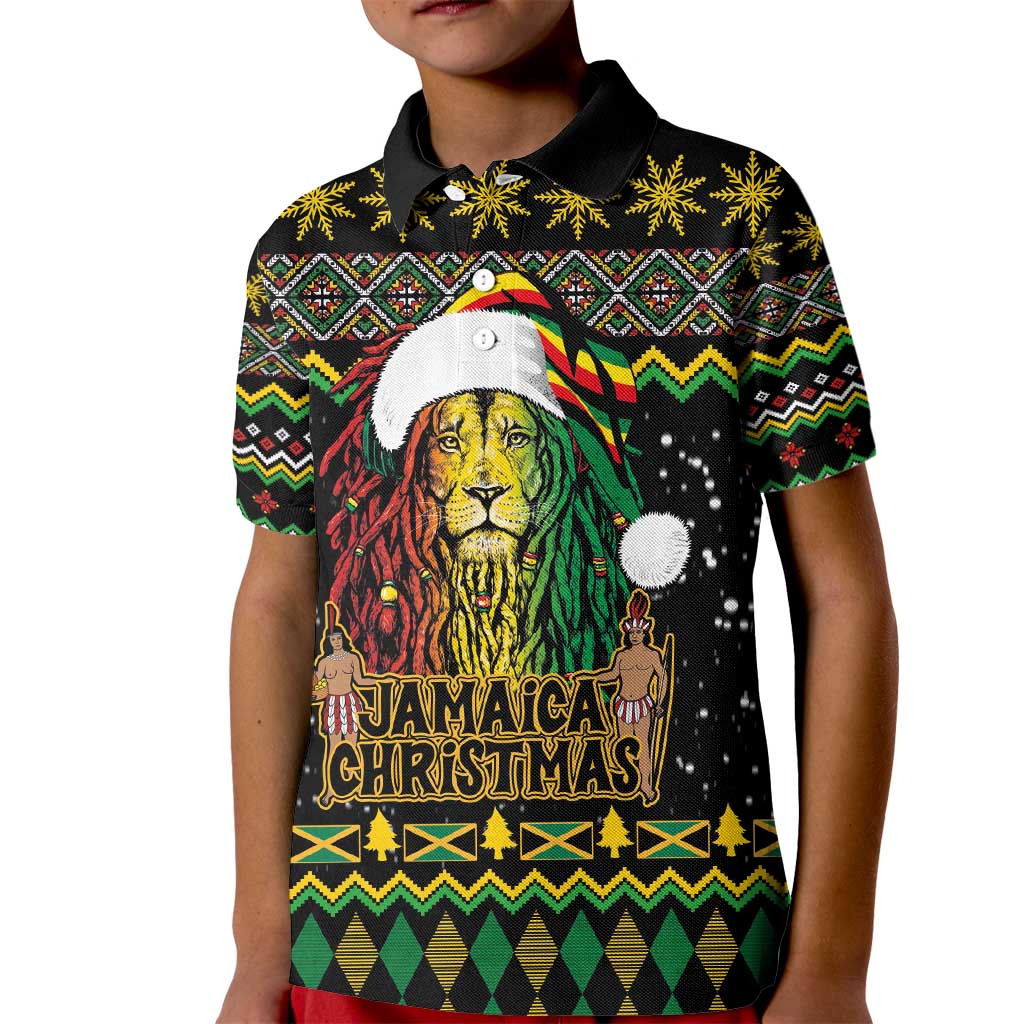 Jamaican Christmas Kid Polo Shirt - Rastafarian Lion with Xmas Elements Reggae Style - Wonder Print Shop