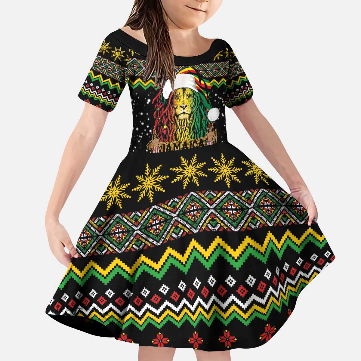Jamaican Christmas Kid Short Sleeve Dress - Rastafarian Lion with Xmas Elements Reggae Style - Wonder Print Shop
