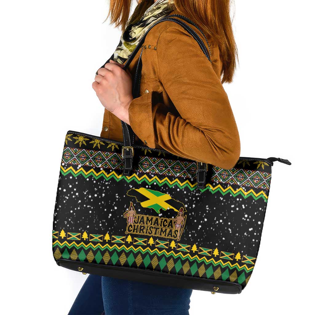 Jamaican Christmas Leather Tote Bag - Rastafarian Lion with Xmas Elements Reggae Style - Wonder Print Shop