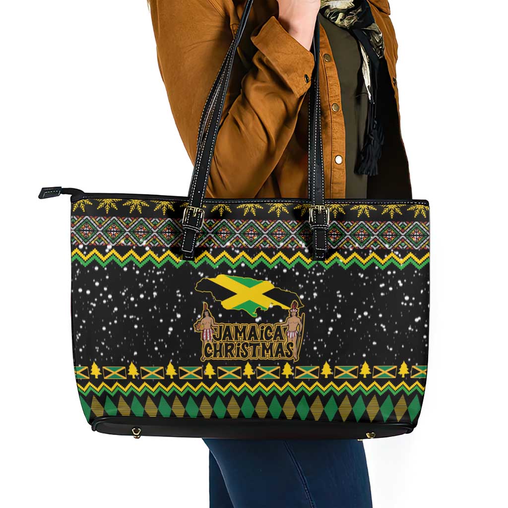 Jamaican Christmas Leather Tote Bag - Rastafarian Lion with Xmas Elements Reggae Style - Wonder Print Shop