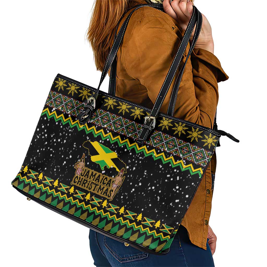 Jamaican Christmas Leather Tote Bag - Rastafarian Lion with Xmas Elements Reggae Style - Wonder Print Shop
