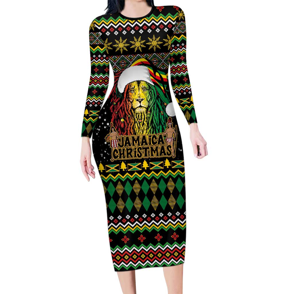 Jamaican Christmas Long Sleeve Bodycon Dress - Rastafarian Lion with Xmas Elements Reggae Style - Wonder Print Shop