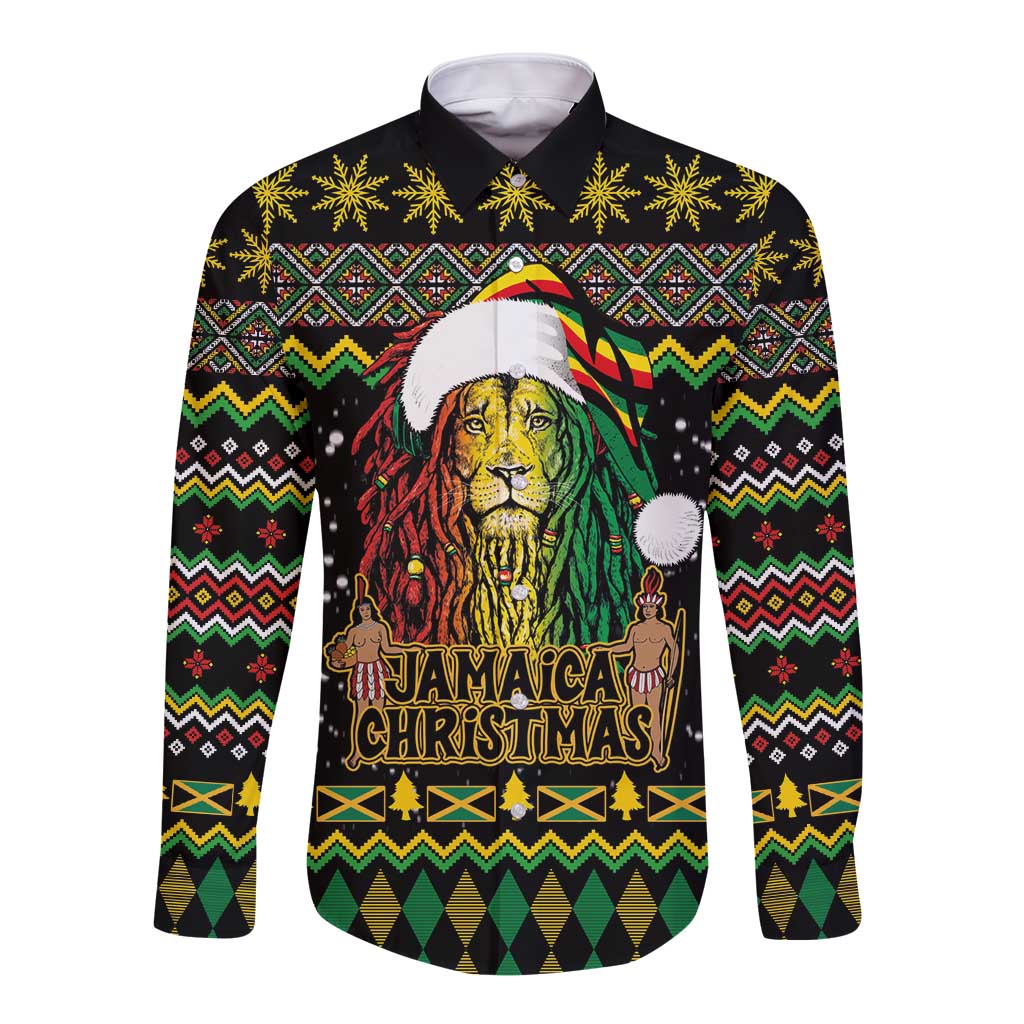 Jamaican Christmas Long Sleeve Button Shirt - Rastafarian Lion with Xmas Elements Reggae Style - Wonder Print Shop