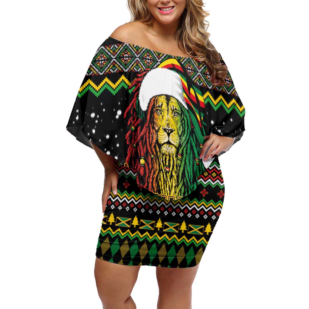 Jamaican Christmas Off Shoulder Short Dress - Rastafarian Lion with Xmas Elements Reggae Style - Wonder Print Shop