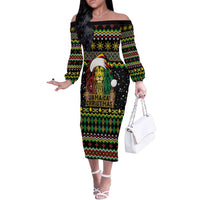 Jamaican Christmas Off The Shoulder Long Sleeve Dress - Rastafarian Lion with Xmas Elements Reggae Style - Wonder Print Shop
