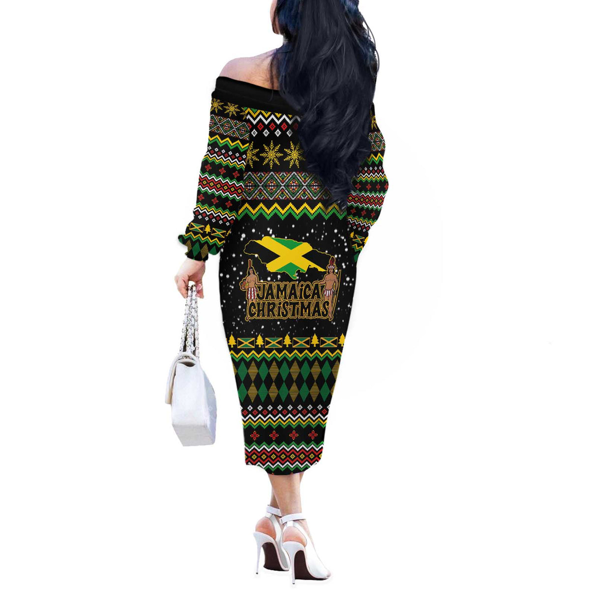Jamaican Christmas Off The Shoulder Long Sleeve Dress - Rastafarian Lion with Xmas Elements Reggae Style - Wonder Print Shop