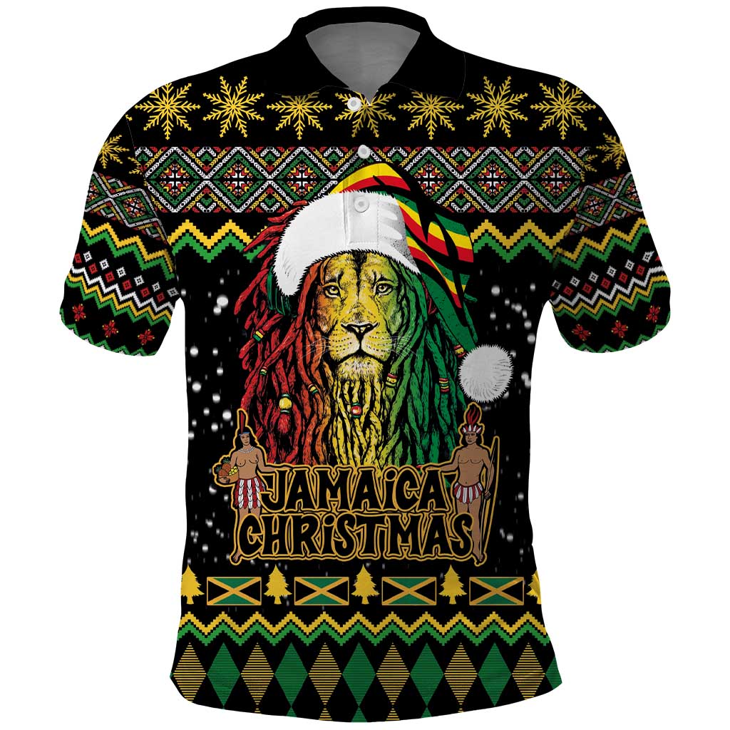 Jamaican Christmas Polo Shirt - Rastafarian Lion with Xmas Elements Reggae Style - Wonder Print Shop