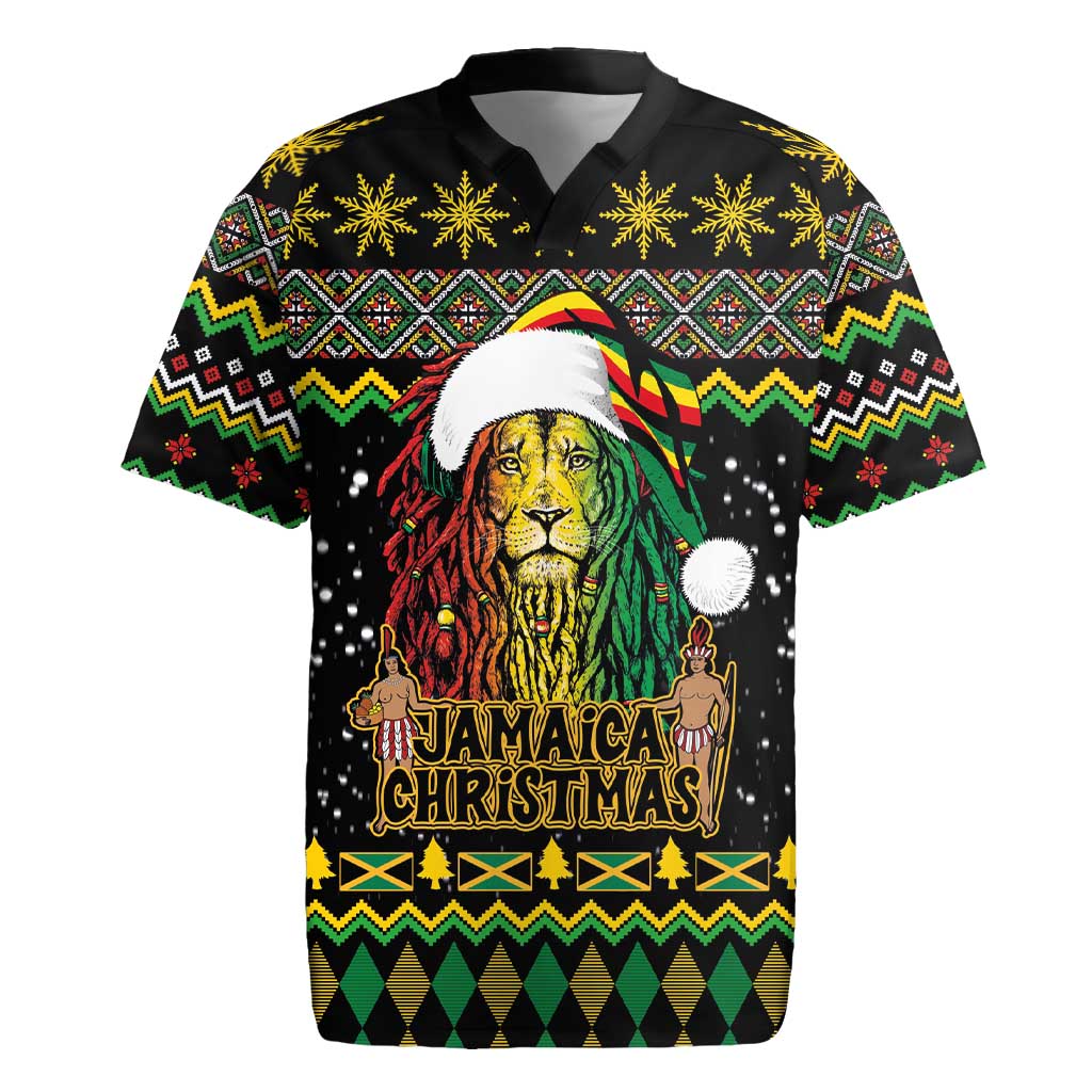 Jamaican Christmas Rugby Jersey - Rastafarian Lion with Xmas Elements Reggae Style - Wonder Print Shop