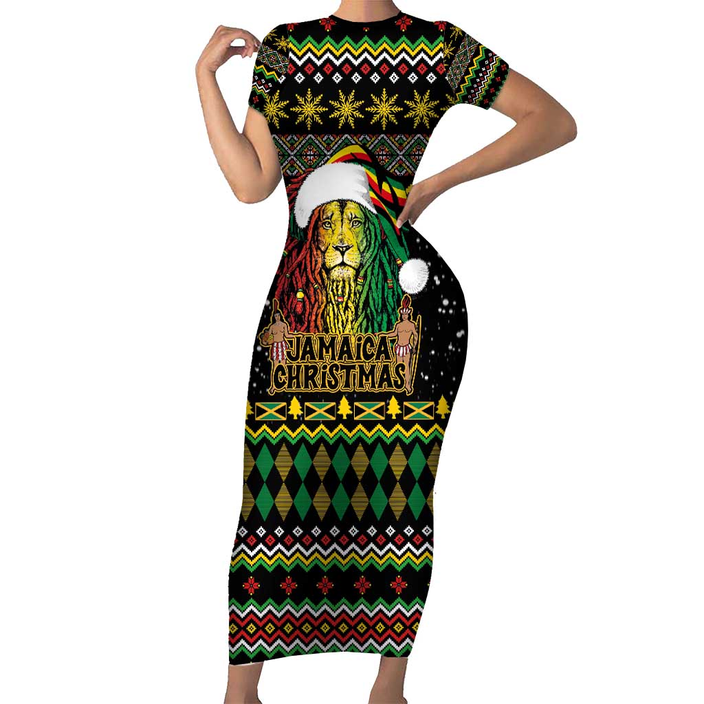 Jamaican Christmas Short Sleeve Bodycon Dress - Rastafarian Lion with Xmas Elements Reggae Style - Wonder Print Shop