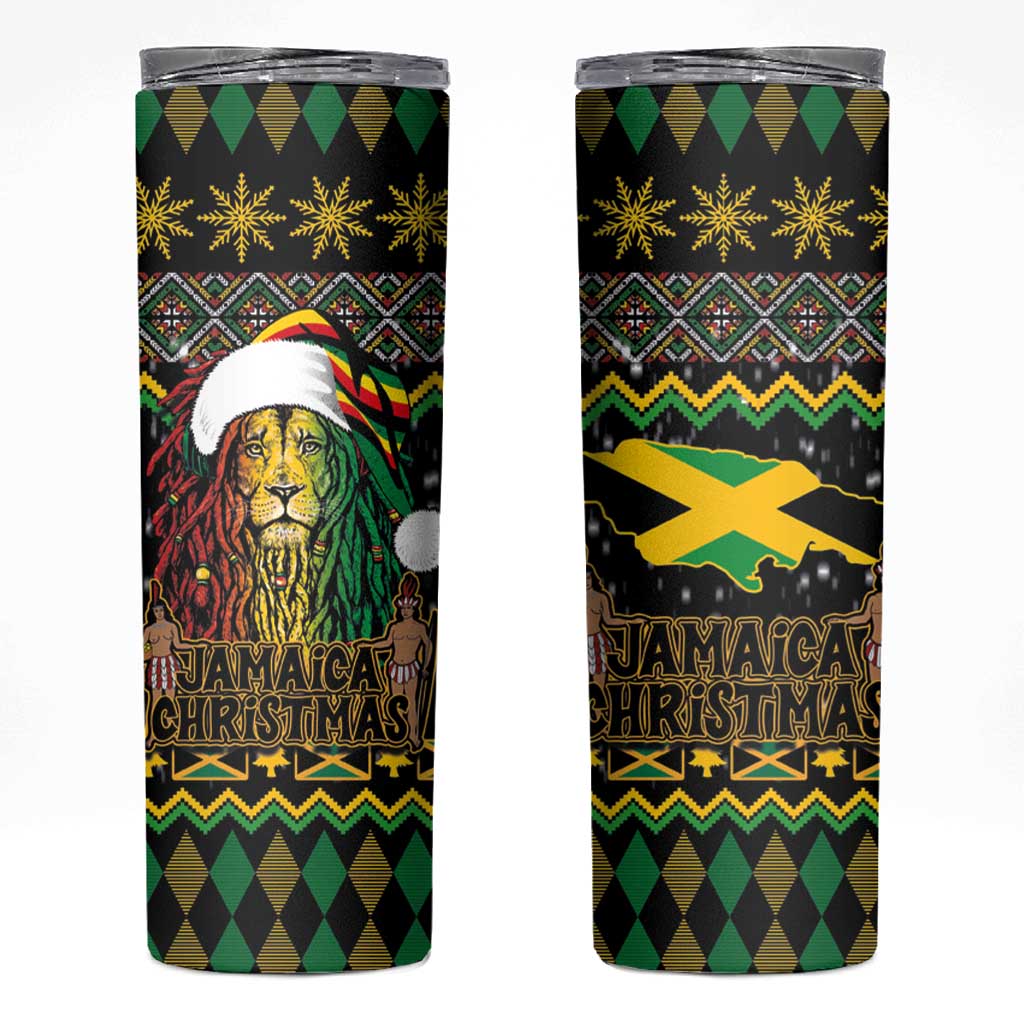 Jamaican Christmas Skinny Tumbler Rastafarian Lion with Xmas Elements Reggae Style - Wonder Print Shop