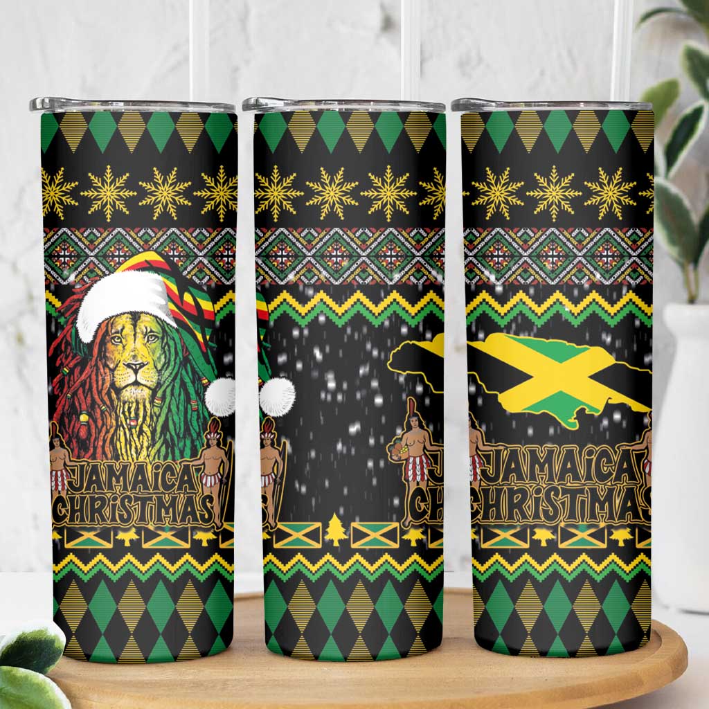 Jamaican Christmas Skinny Tumbler Rastafarian Lion with Xmas Elements Reggae Style - Wonder Print Shop