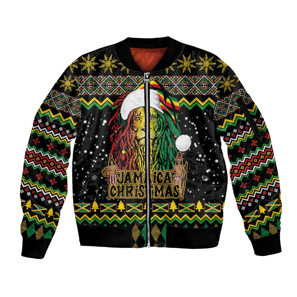 Jamaican Christmas Sleeve Zip Bomber Jacket - Rastafarian Lion with Xmas Elements Reggae Style - Wonder Print Shop