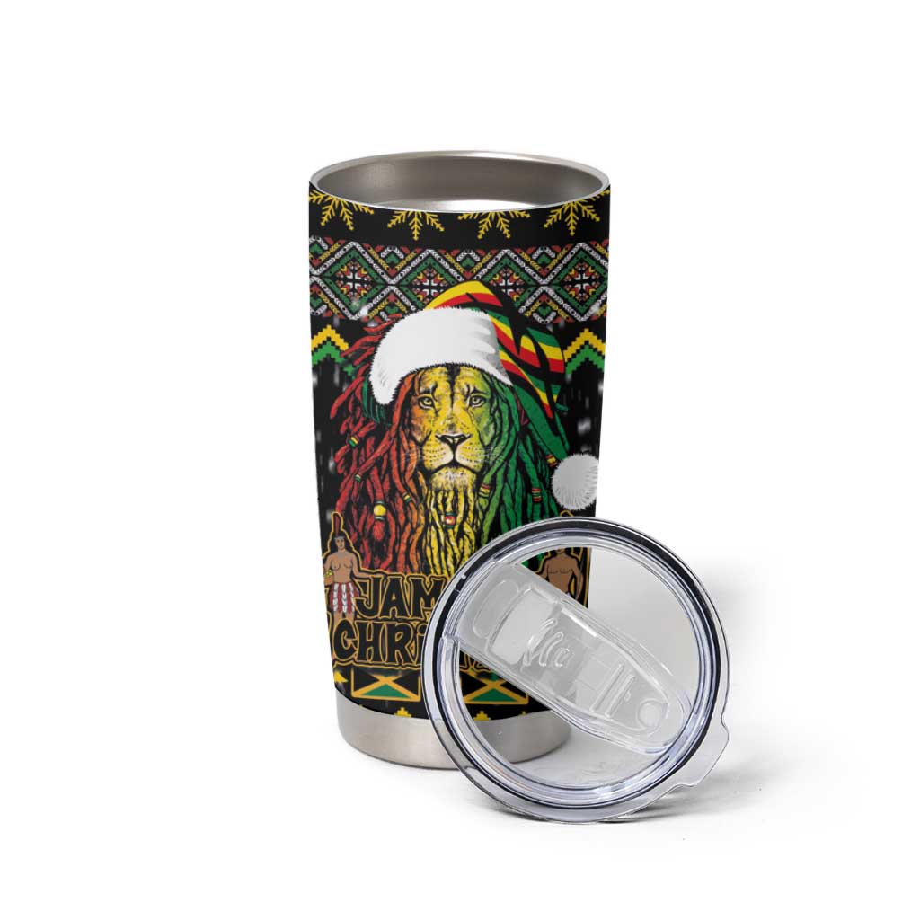 Jamaican Christmas Tumbler Cup Rastafarian Lion with Xmas Elements Reggae Style - Wonder Print Shop