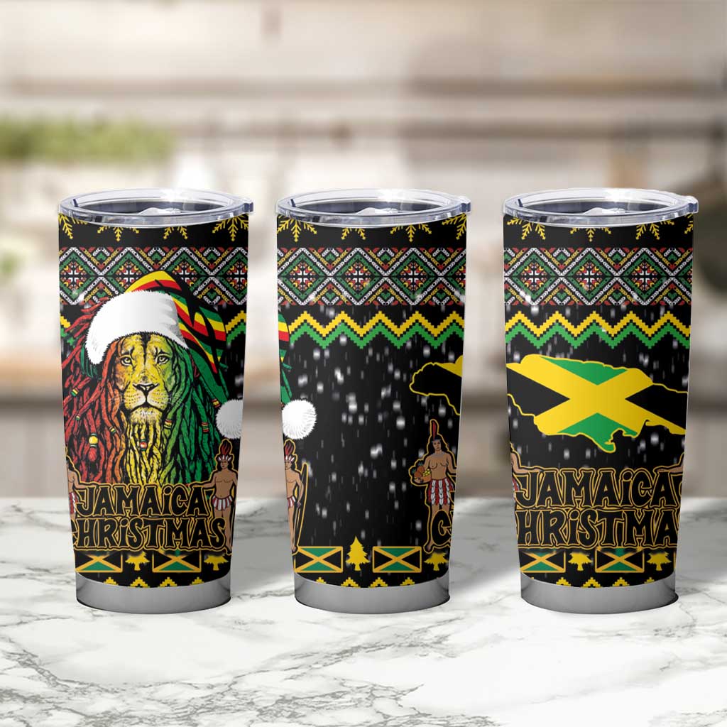 Jamaican Christmas Tumbler Cup Rastafarian Lion with Xmas Elements Reggae Style - Wonder Print Shop