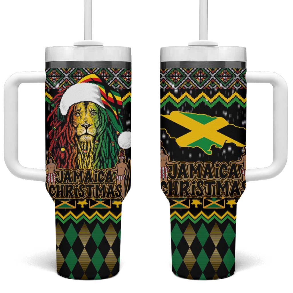 Jamaican Christmas Tumbler With Handle Rastafarian Lion with Xmas Elements Reggae Style - Wonder Print Shop