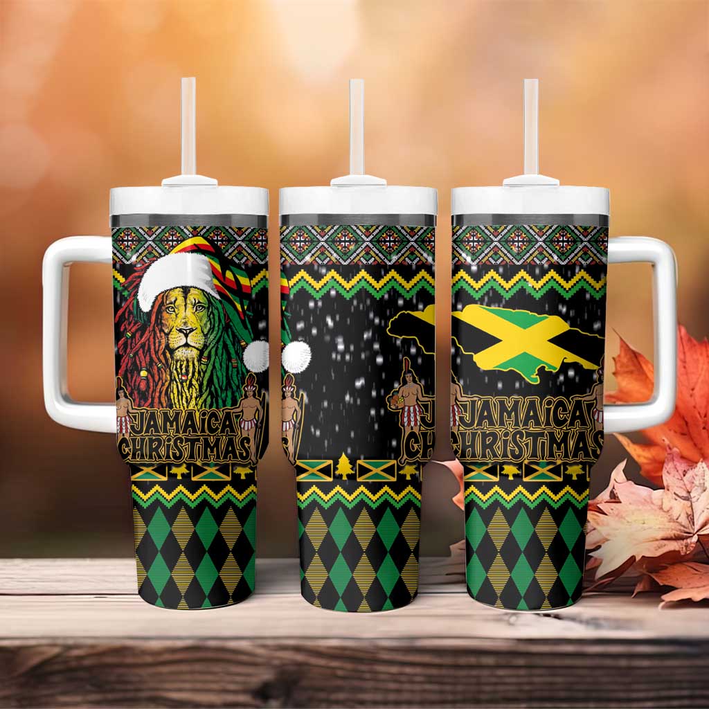 Jamaican Christmas Tumbler With Handle Rastafarian Lion with Xmas Elements Reggae Style - Wonder Print Shop