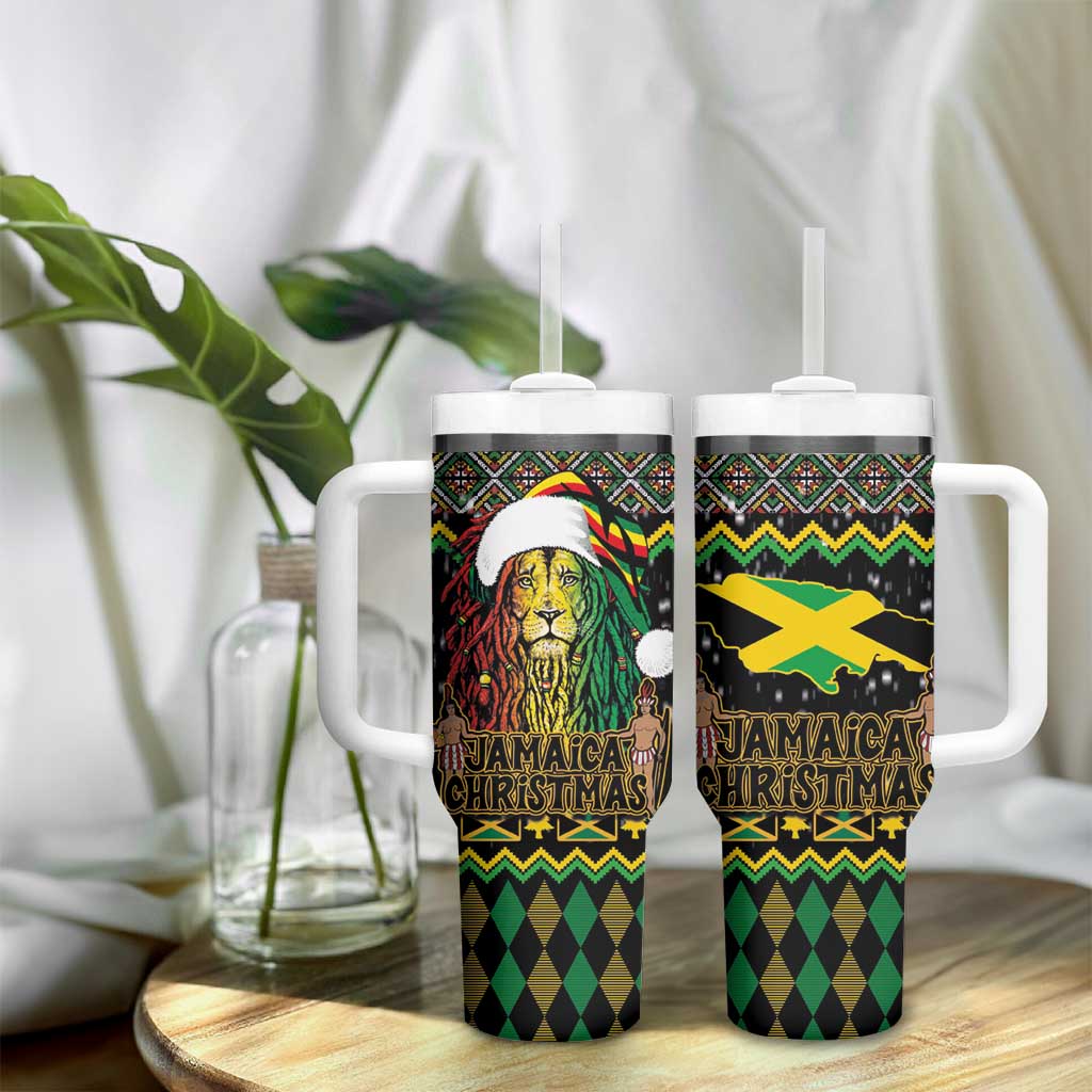 Jamaican Christmas Tumbler With Handle Rastafarian Lion with Xmas Elements Reggae Style - Wonder Print Shop