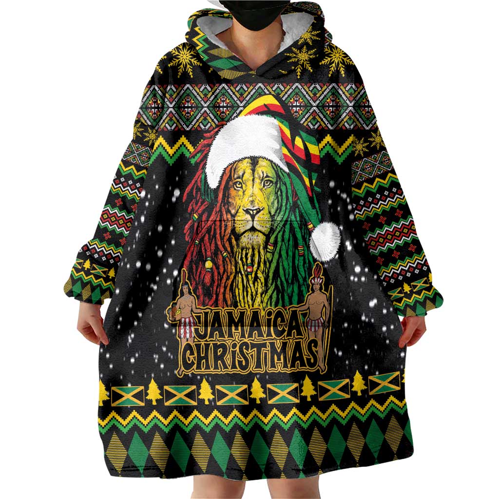 Jamaican Christmas Wearable Blanket Hoodie - Rastafarian Lion with Xmas Elements Reggae Style - Wonder Print Shop