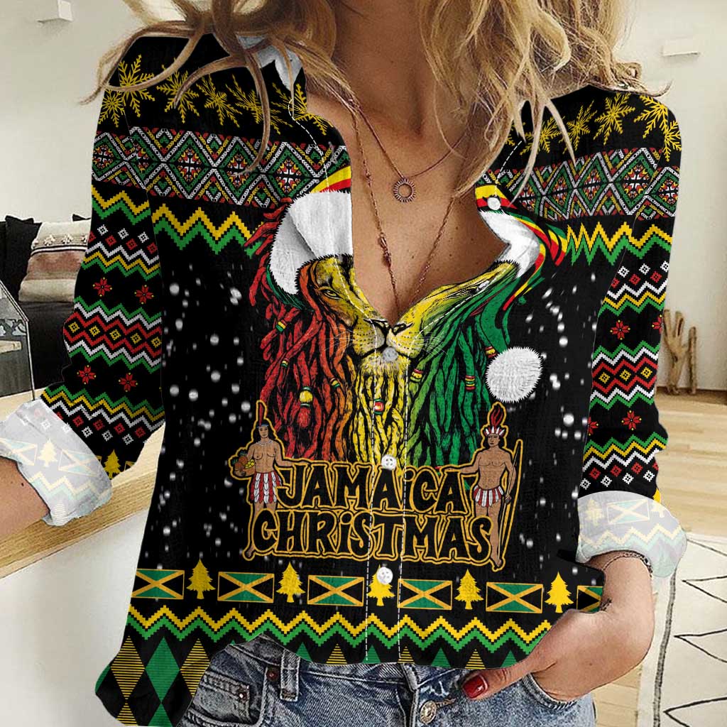 Jamaican Christmas Women Casual Shirt - Rastafarian Lion with Xmas Elements Reggae Style - Wonder Print Shop
