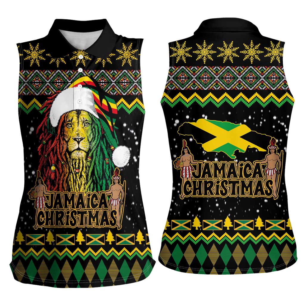 Jamaican Christmas Women Sleeveless Polo Shirt - Rastafarian Lion with Xmas Elements Reggae Style - Wonder Print Shop