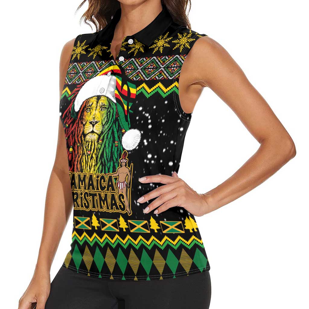 Jamaican Christmas Women Sleeveless Polo Shirt - Rastafarian Lion with Xmas Elements Reggae Style - Wonder Print Shop