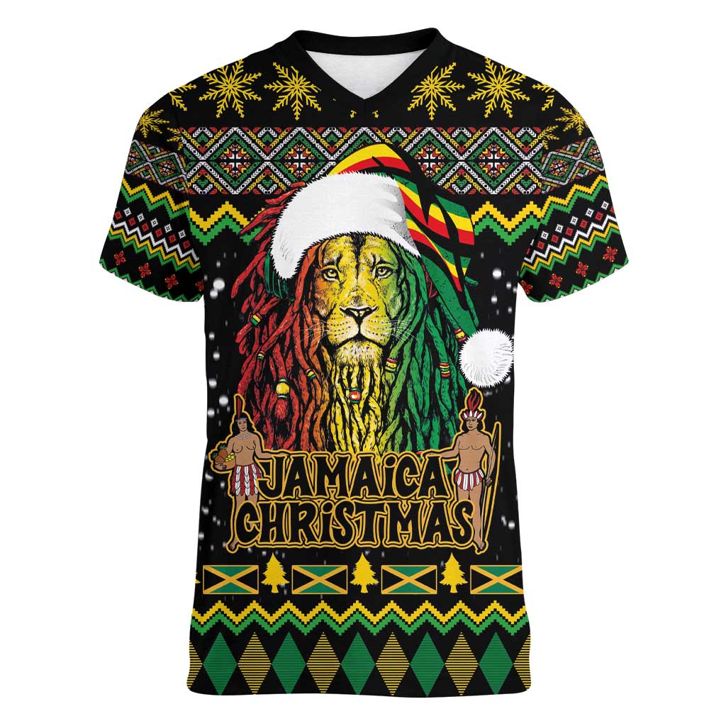 Jamaican Christmas Women V-Neck T-Shirt - Rastafarian Lion with Xmas Elements Reggae Style - Wonder Print Shop