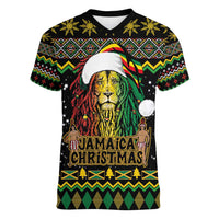 Jamaican Christmas Women V-Neck T-Shirt - Rastafarian Lion with Xmas Elements Reggae Style - Wonder Print Shop